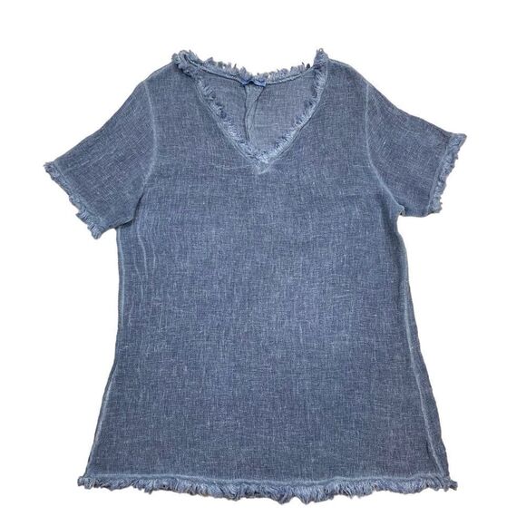 Ladies Venti6 Linen Blend Blue V Neck Raw Hem Blouse Size Medium - Picture 1 of 12